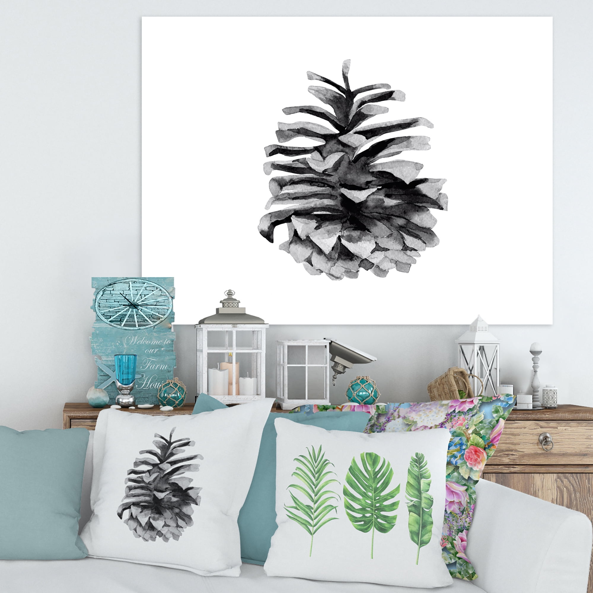 Designart ' Conifer Cone Black and White ' Traditional Canvas Wall Art Print