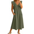 thumbnail image 5 of ZHOGXU Women's Dresses Summer Flying Sleeve V Neck Solid Color Comfortable Flowy Swing Dress With Pockets For Casual Daily Wear,Green,Xxl, 5 of 6