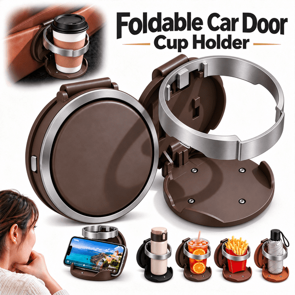 Foldable Car Door Cup Holder, Universal Clip-on Car Cup Holder for Vehicle, 2-in-1 Space Saving Drink Holder, Extra Foldable Cup Holder for Coffee Cups and Water Bottles