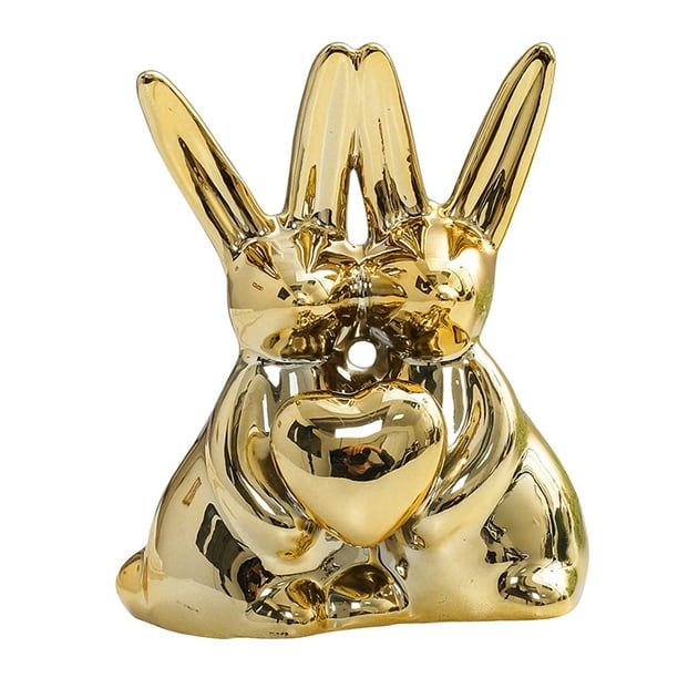 Estatua de pareja de conejos Escultura de animales de cerámica Figura de escritorio Figura de conejo Pascua Dorado