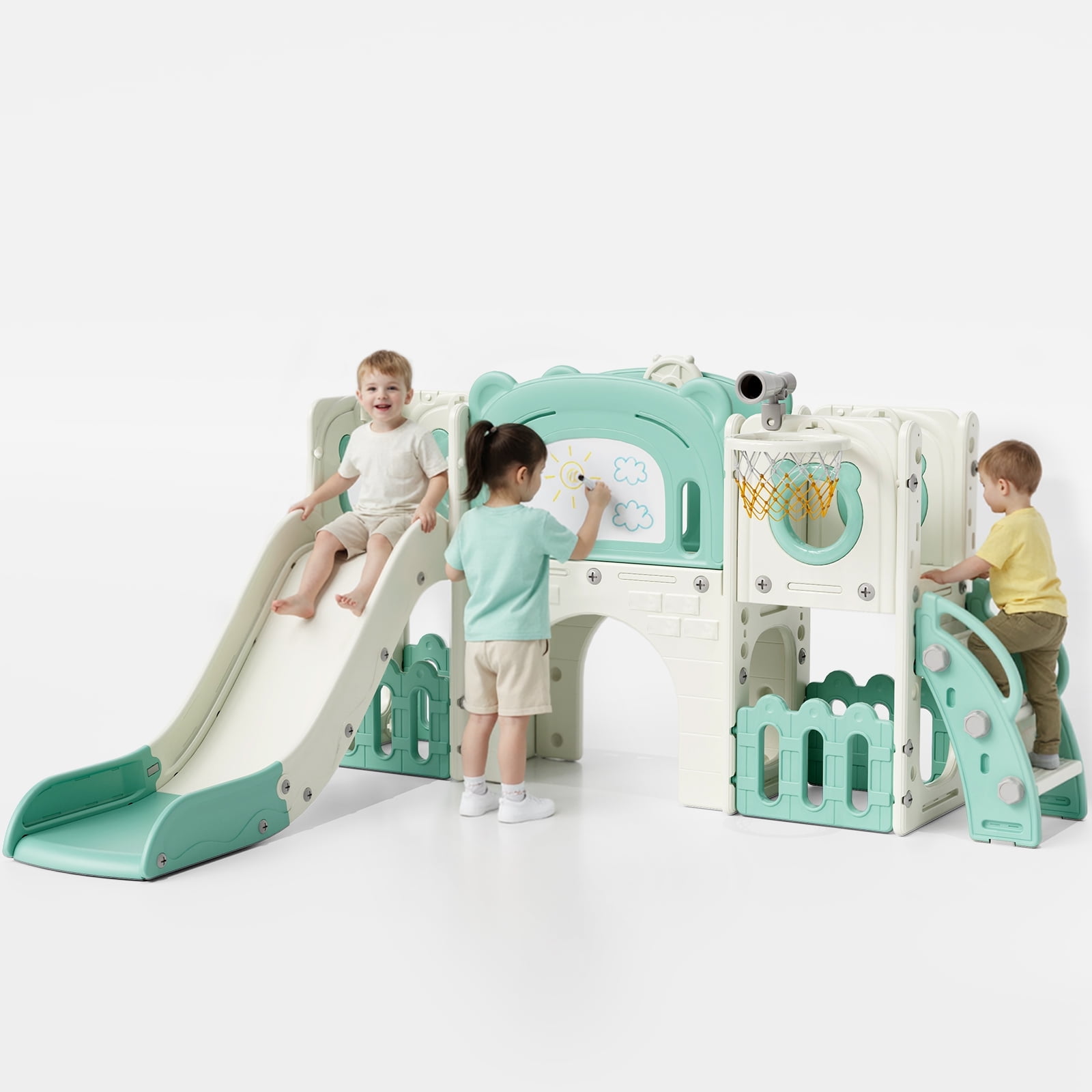 LAZY BUDDY 10 in 1 Toddler Slide, Freestanding Kids Slide and Climber Playset Indoor Outdoor Slide with Basketball Hoop, Telescope and Storage Space