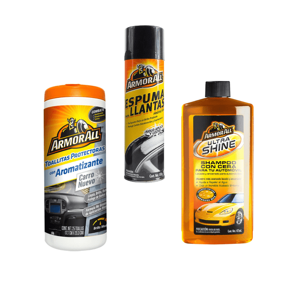 Kit de limpieza para AUTO Armorall con TOALLAS shampoo y espuma para llantas negro