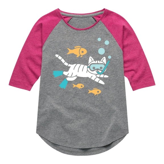 Instant Message - Snorkel Cat - Toddler & Youth Girls Raglan Graphic T-Shirt