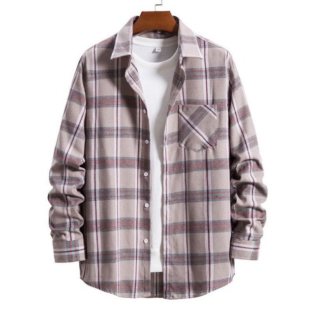 Blusa y camisa de manga larga con cuello vuelto para hombre, blusa informal de moda con estampado a cuadros y bolsillos, blusa de manga larga para hombre