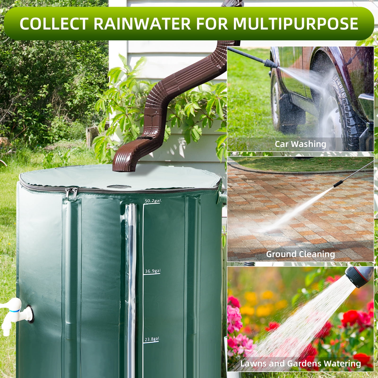 Collapsible Rain Barrel 53 Gallon Rainwater Collection Storage Tank with Garden Hose