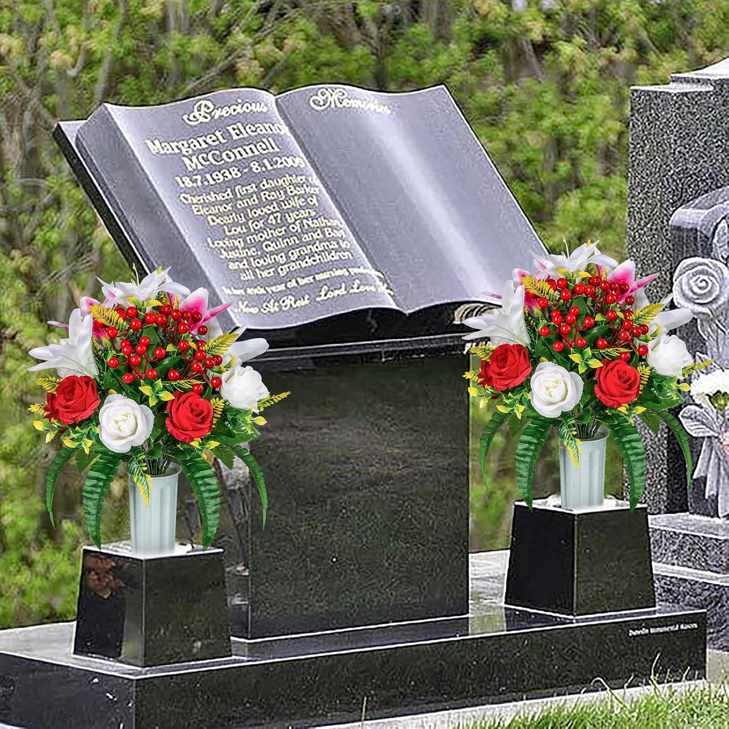 Artificial Cemetery Flowers with Vase, Artificial Rose Lily Bouquet Grave Memorial Flowers for Cemetery Headstones Gravesites Decoration (Set of 2, White&Red)