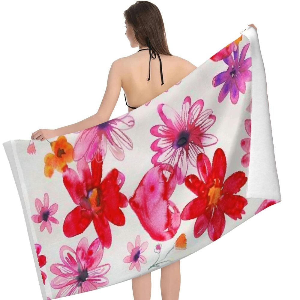 PHYHOO Pink Flowers Beach Towel Oversized Microfiber Sand Free Beach Towel Quick Dry, Lightweight Pool Towels for Adults Travel Towel for Gym Yoga Camp Swim 30x60in