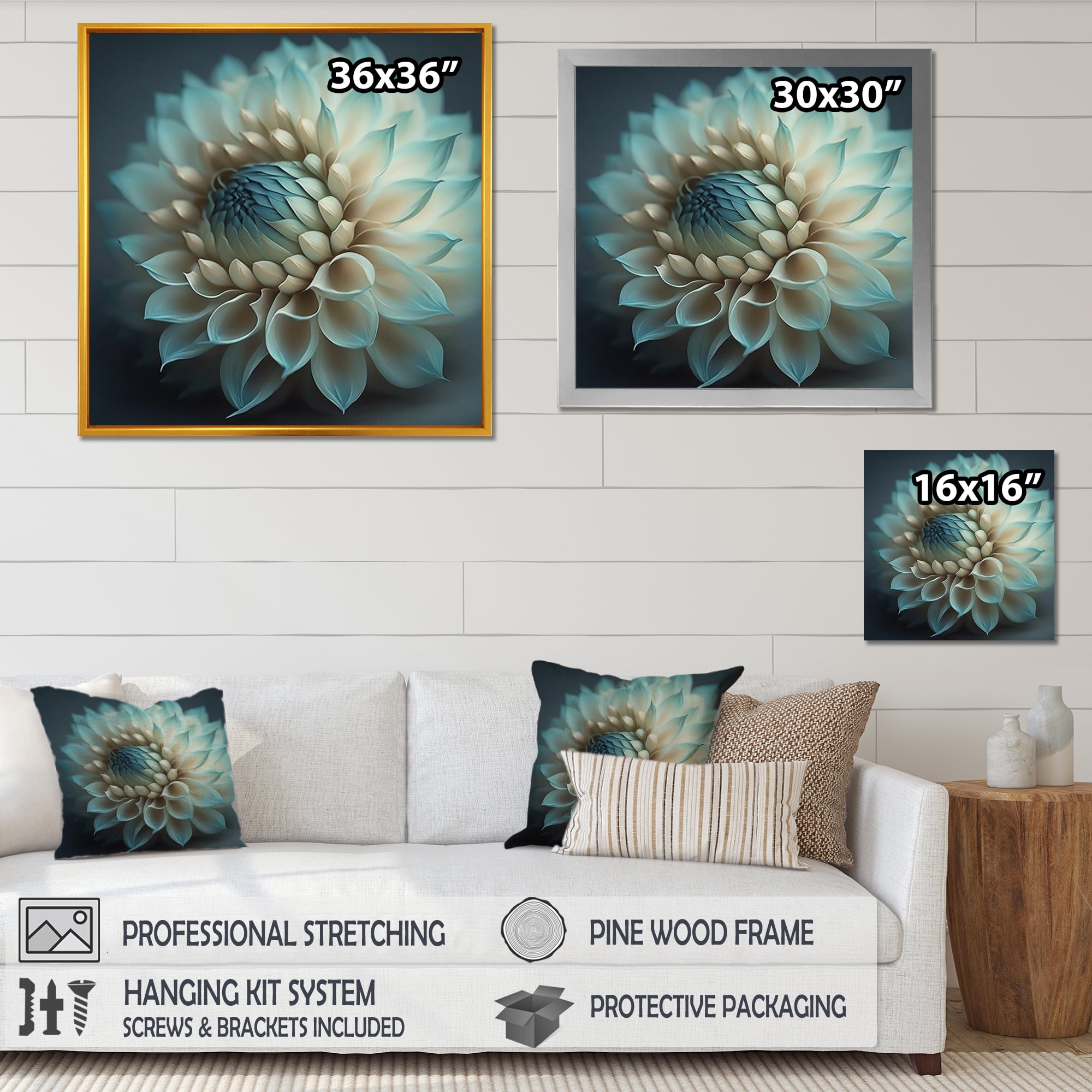 Designart Blue And White Dahlia Flowers IV Canvas Wall Art