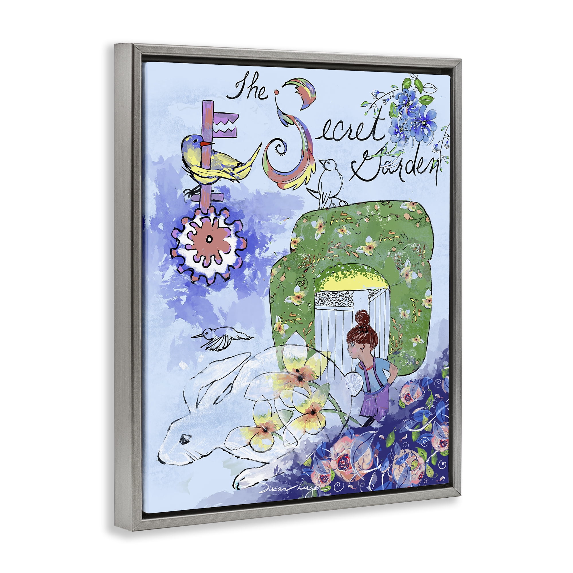 Stupell Industries Secret Garden Folk Illustration Gray Framed Floater Canvas Wall Art, design by Susan Lugar