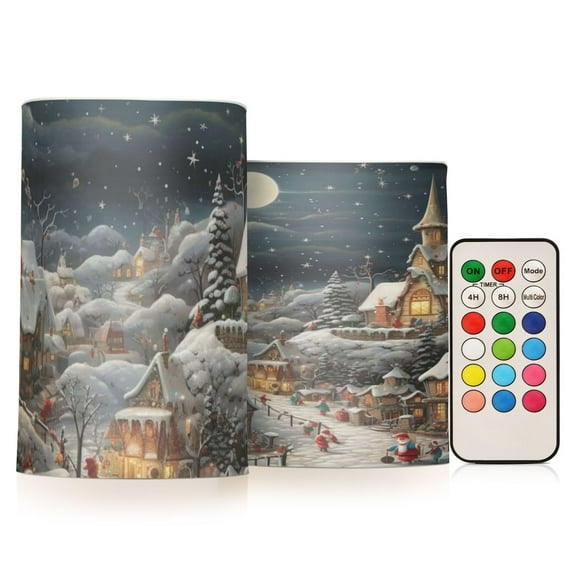 Christmas Snowflake Town Flickering Flameless Candles Battery Operated with Remote Timer LED Pillar Candles Set of 2
