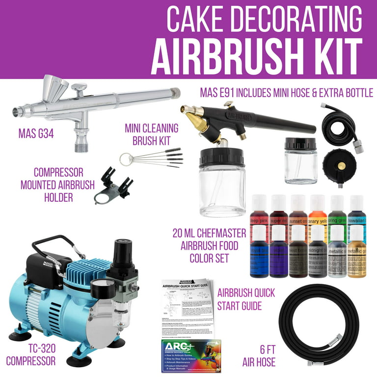 Master Airbrush 2 Airbrush Cake Decorating Airbrushing System Kit with Set of 12 Chefmaster Food