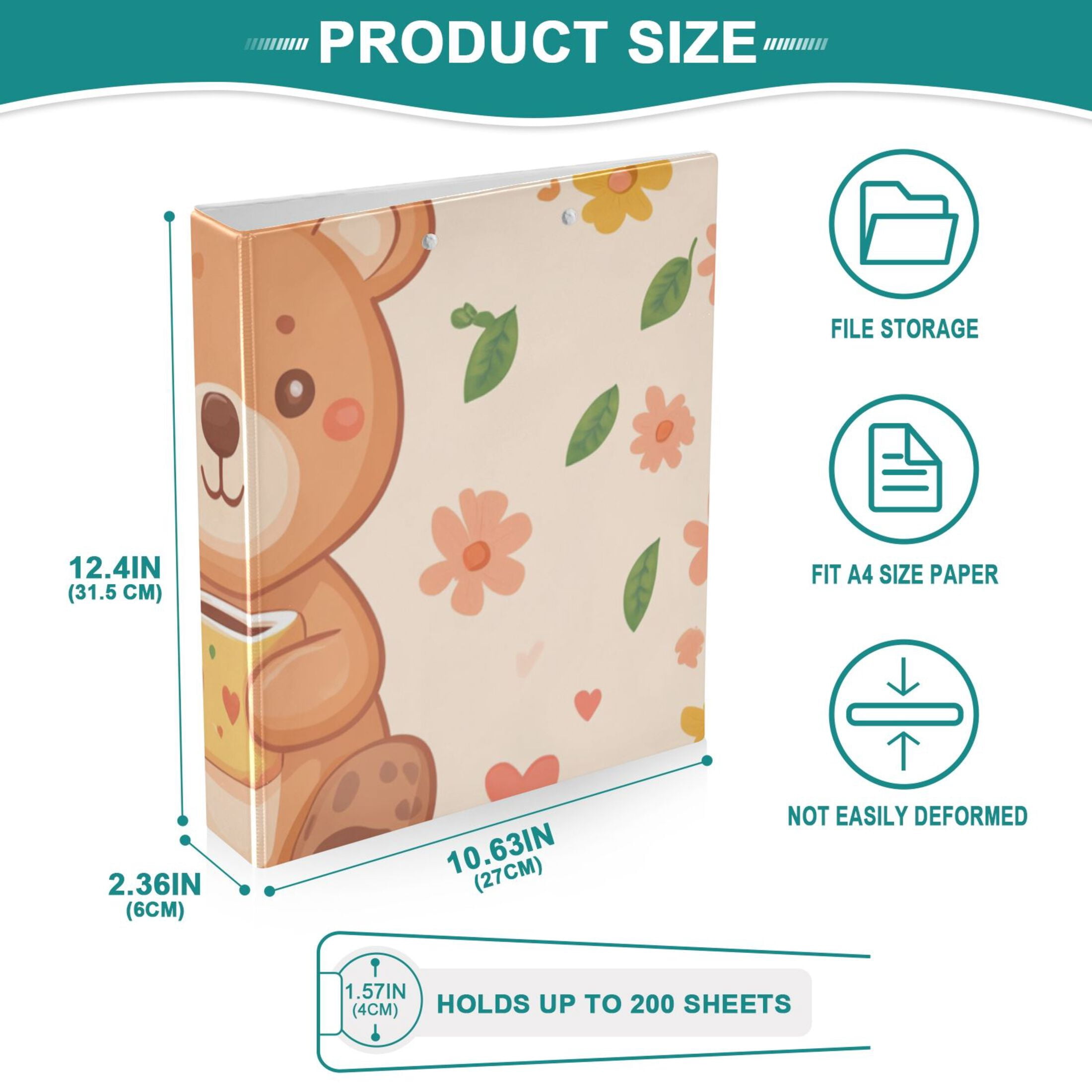 Flowers Bears 3 Ring Binders 1.5 inch Hardcover File Folders with Interior Pockets A4 Size Organizer for School Office Hospital
