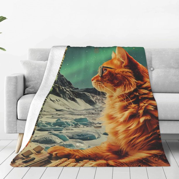 Fotbe Space Adventurer Cat Manta de Franela Acolchonada con Estampado, Súper Suave y Esponjosa, Extra Grande para Sofá, Cama, Uso Todo el Año-50"x40"