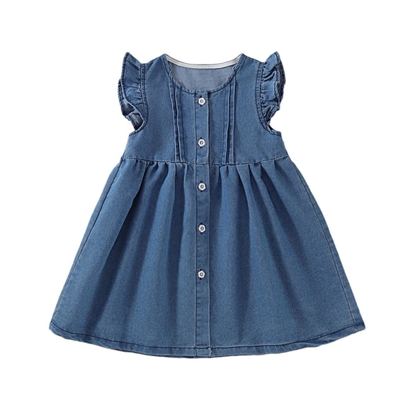 Toddler Girls Ruffled Sleeve Denim Dress Crewneck Button Down Summer Dresses Pleated Party Dress for Little Girl 2-9 Years Old