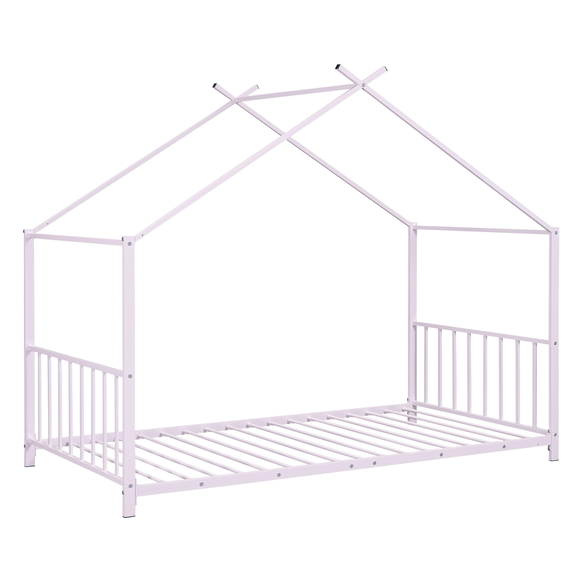Kumix Twin Size House Floor Bed, Metal Floor Bed with Fence and Roof, House Bed for Teens, Playhouse Twin Bed Frame for Girls, Boys, Pink(Without Slats)