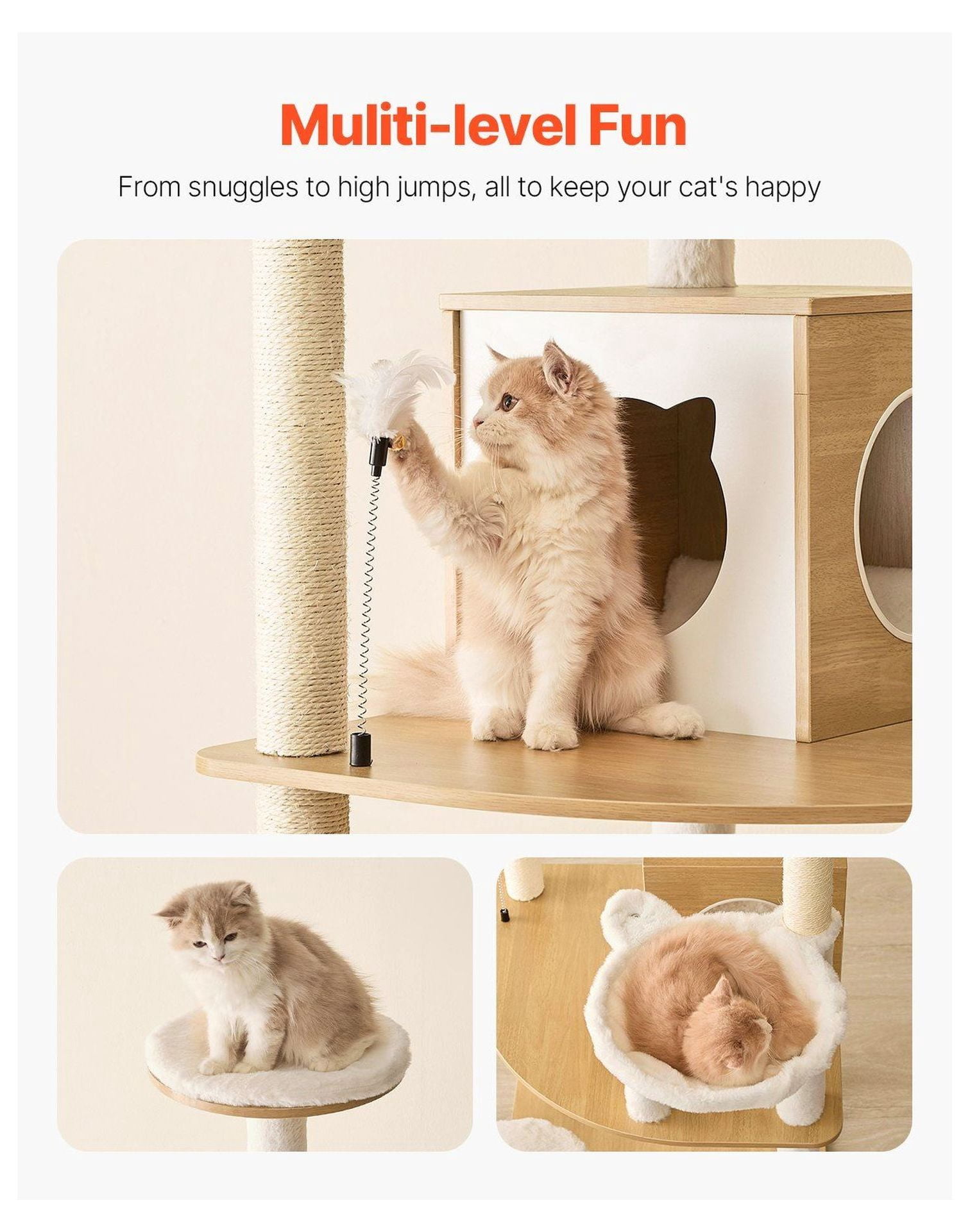 Large Cat Tree 68.9" Tall Cat Tower Condo - Multi-Level Indoor Cat House with Sisal Scratching Posts, Hammock & Litter Box