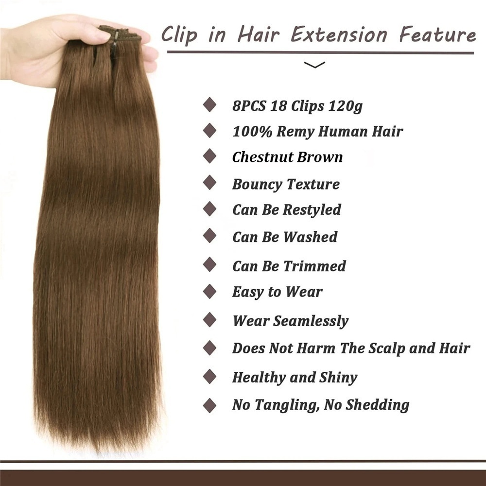 Clip In Hair Extensions Real Human Hair #6 Chestnut Brown 120G 8Pcs Double Weft Thick Silky Straight Clip In Remy Hair Extensions