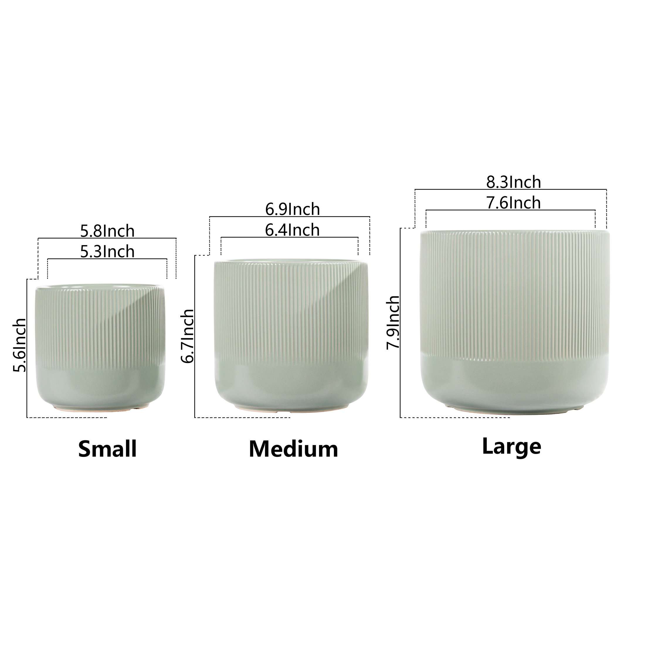 UMIAMOY Cylinder Ceramic Plant Pots,5.8+6.9+8.3 inch Plant Pots with Drainage Holes and Saucer,Set of 3 Ceramic Flower Pots for Indoor Outdoor Decoration,Light Green