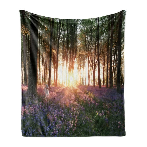 Forest Soft Flannel Fleece Throw Blanket, Bluebell Woods Sunrise with White Rabbit Sunny Spring Day in Woodland, Cozy Plush for Indoor and Outdoor Use, 50" x 60", Purple Green, by Ambesonne