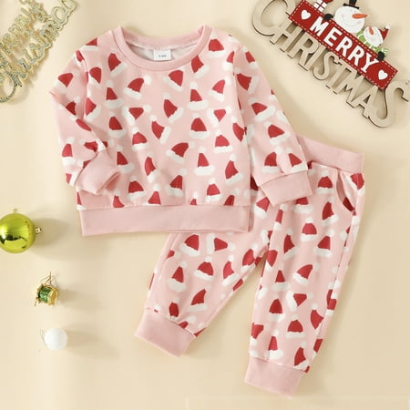 

Hbdhejl Outfit Set For Girls Boys Toddler Long Sleeve Christmas Cartoon Prints T Shirt Pullover Tops Pants Outfits Pink 3-6 Months