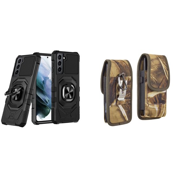 Case with Belt Holster Bundle for Samsung Galaxy S22: Heavy Duty Shield Cover (Black) and Vertical Rugged Nylon Phone Pouch (Camo)