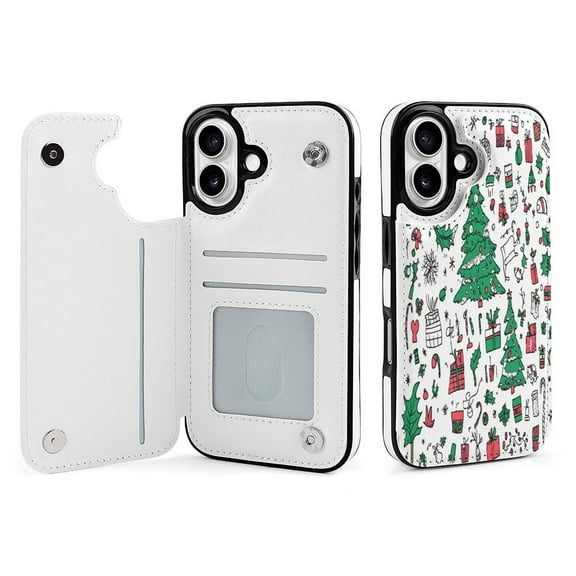 Compatible with iPhone 11 12 13 mini 14 15 16 Pro Max Plus Wallet Case with Card Holder, PU Leather Kickstand Card Slots Case ( Hohoho Christmas Doodle Set, iPhone 16)