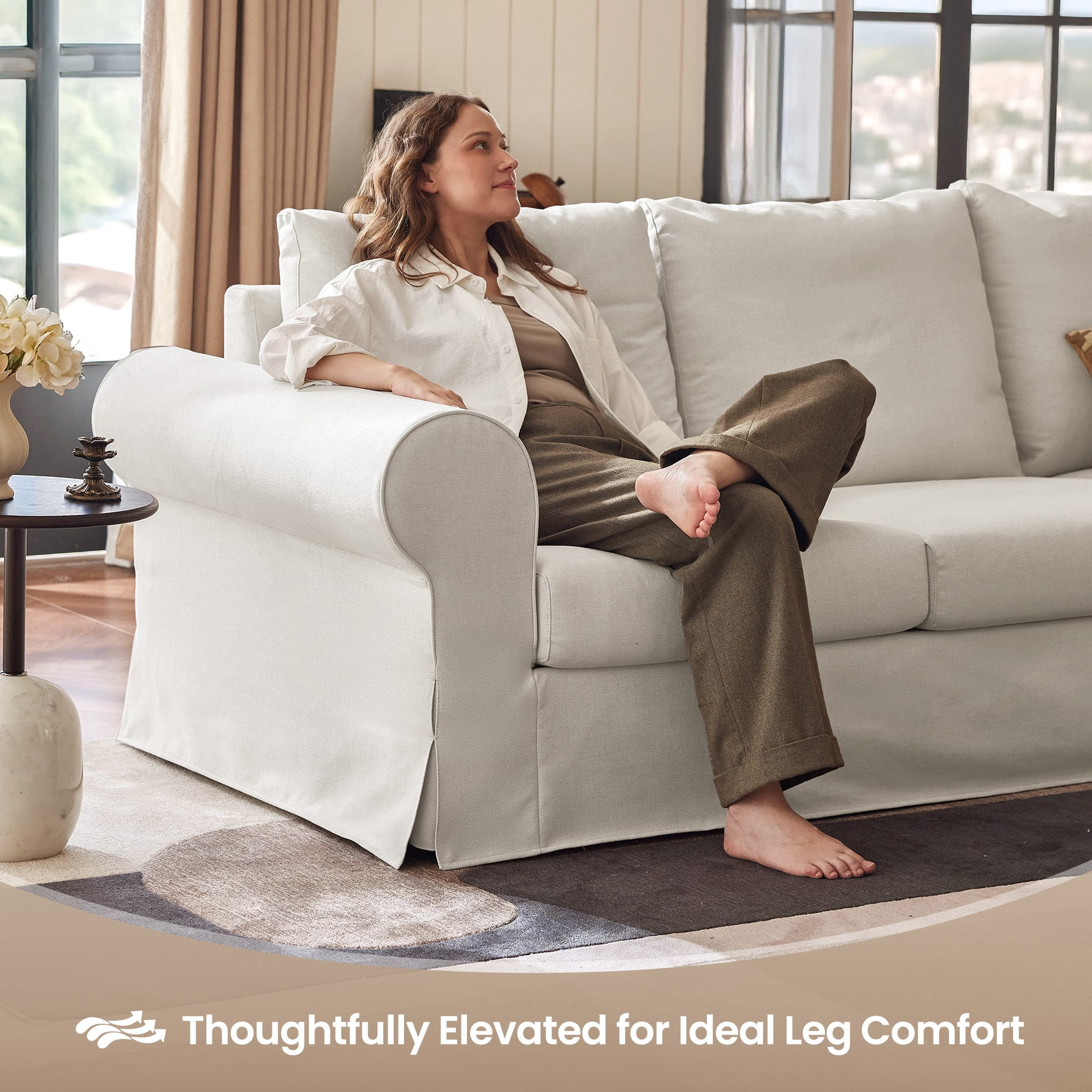 Vorthio 89" 3-Seater Couch for Living Room, Contemporary Fabric Sofa with Rolled Arm, White