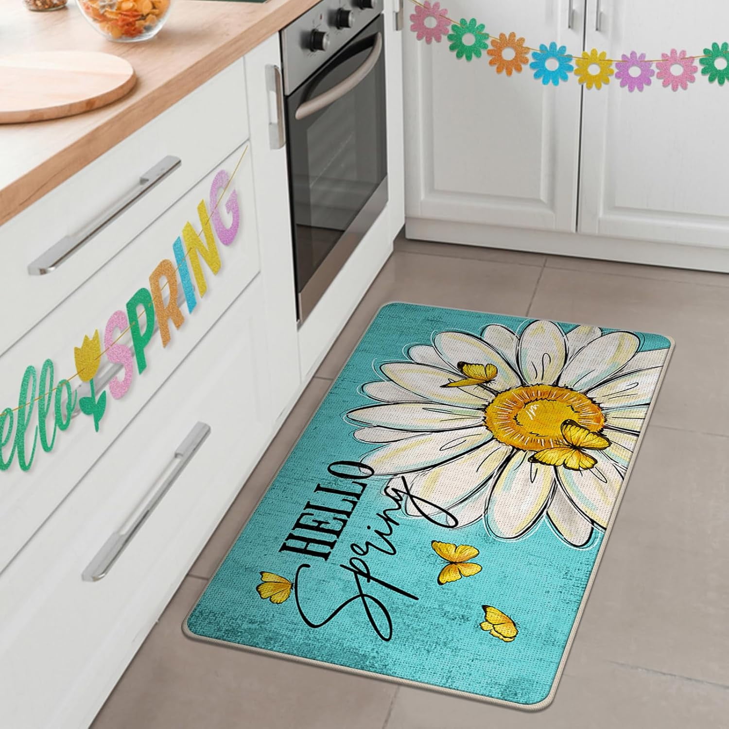 Hello Spring Daisy Flower Decorative Front Door Mat, Floral Butterfly Teal Doormat Indoor Outdoor Non-Slip Floor Entryway Rug, Seasonal Home Kitchen Decoration 17x29 Inch