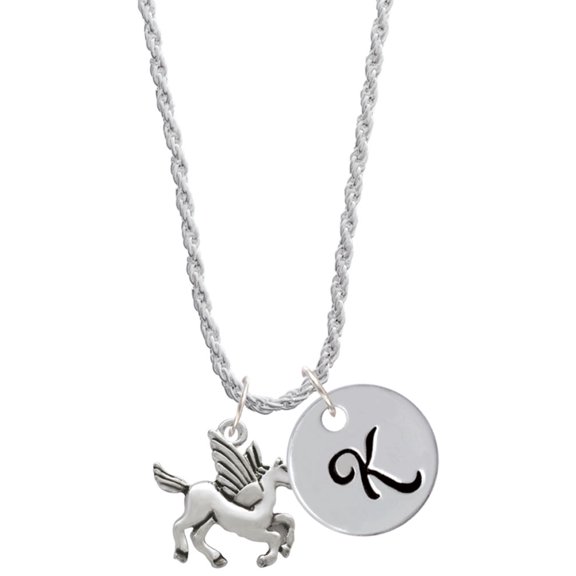 Delight Jewelry Silvertone Medium Pegasus Silvertone Script Initial Disc - K - Charm Necklace, 20"+3"