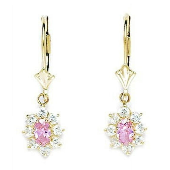 14k Yellow Gold October Pink 4x5mm CZ Flower Leverback Earrings - Measures 27x8mm