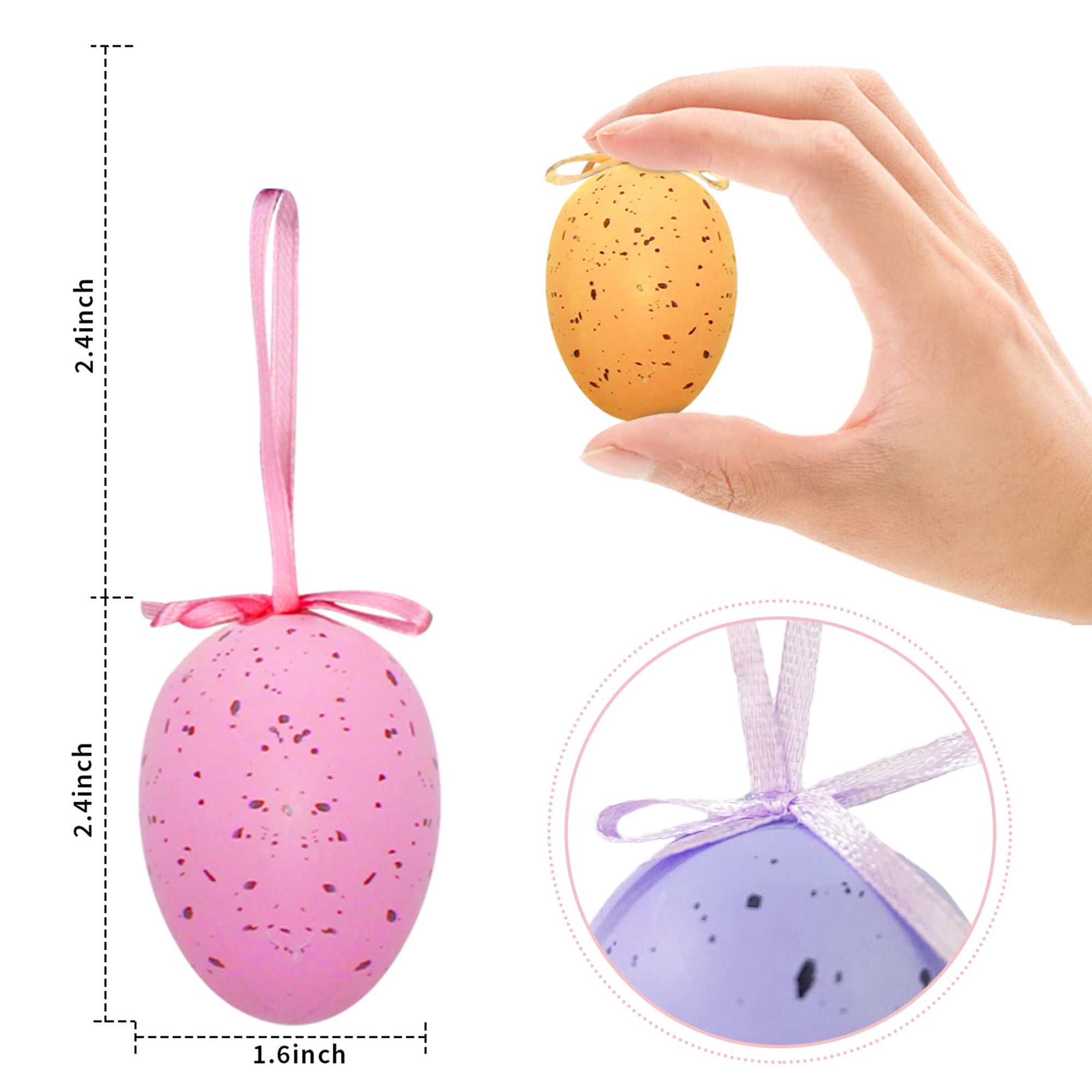 12 colorful plastic Easter eggs with dots. Perfect for hanging, basket stuffers, tree ornaments. Spring party favors for indoor/outdoor decor. Multicolor.