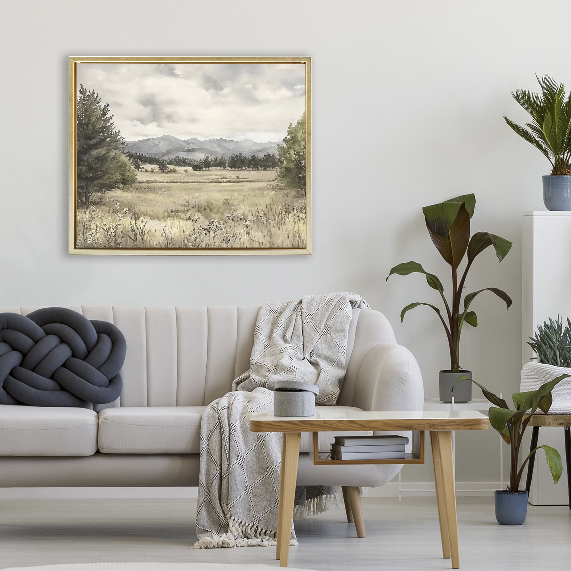 Stupell Industries Muted Mountain Meadow Gold Framed Floater Canvas Wall Art, design by Riley B