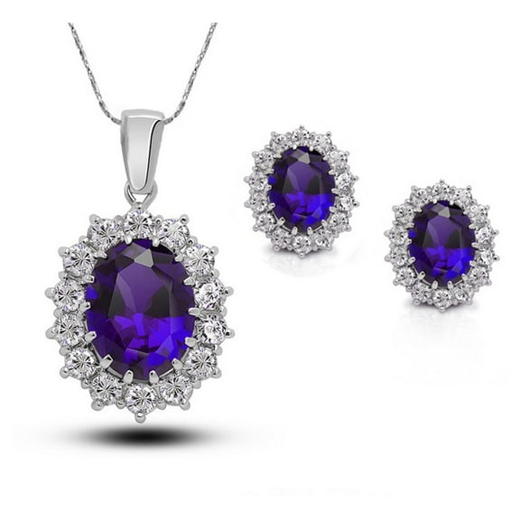 Paris Jewelry 18K White Gold Created Amethyst 2 Carat Oval Necklace 18 inch Plated Women