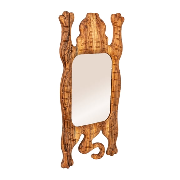 Creative Co-Op Carved Acacia Wood Framed Tibetan Tiger Shaped Wall Mirror, Natural