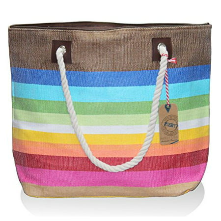 Pier 17 - Large Zipper Top Stripe Straw Look Beach Bag Tote - 20&quot;x15&quot;x6&quot; (Bright Multicolor ...