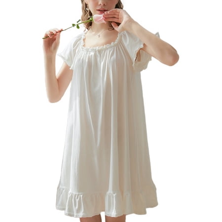 Defitshape Women s Cute Square Neck Pj Soft Short Sleeve Pajama Dress Cotton Victorian Nightgown Summer Frilly Ruffle Old Fashioned Short Sleep Shirt Vintage White Large