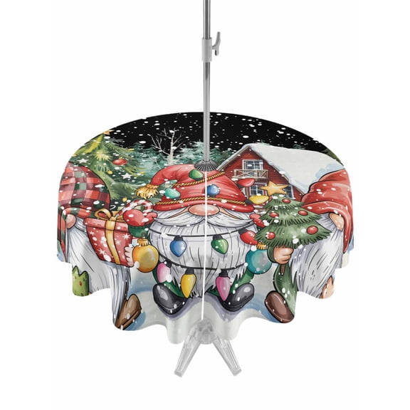 Outdoor Tablecloth with Umbrella Hole and Zipper, Black Christmas Gnomes Round Table Cloth 60 Inch Waterproof Tablecloth, Xmas Winter Forest Pine Tree Picnic Table Cover for Patio Camping