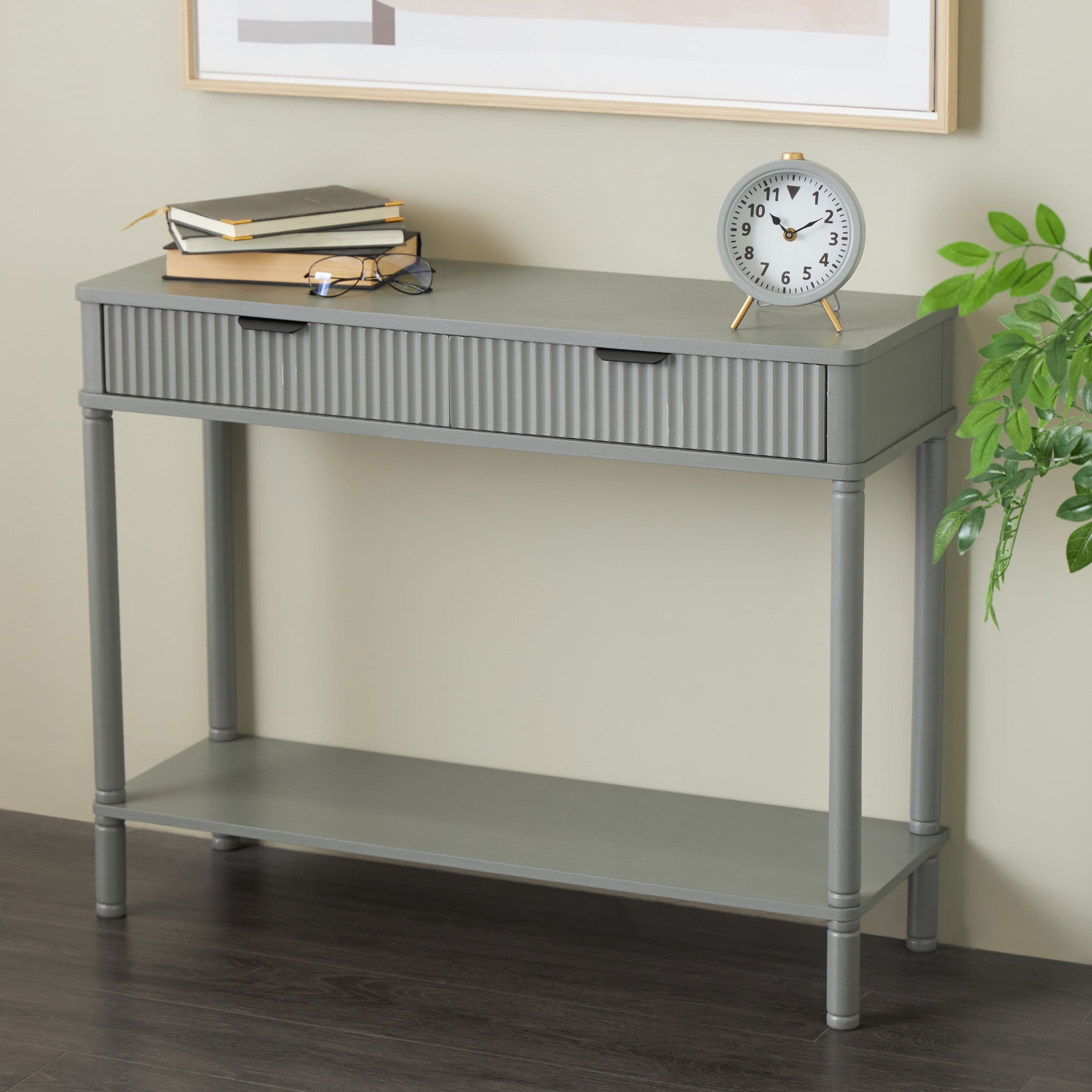 DecMode 36" x 28" Gray Wood Handmade 2 Drawer Console Table with Black Handle and Ribbed Front, 1-Piece