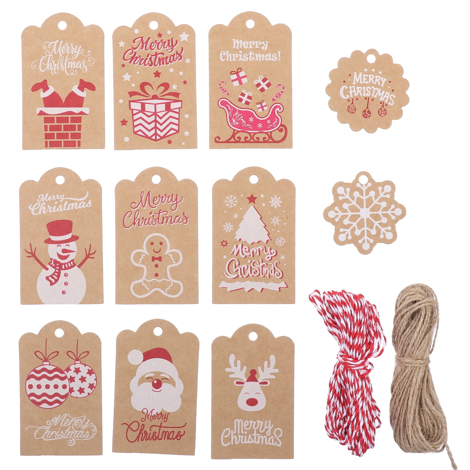 Amaza 100pcs Brown Paper Tags Kraft Christmas Gift Tags with Twine String Smooth for Writing DIY Merry Christmas Gift Xmas Tree Decorations 5 Patterns 