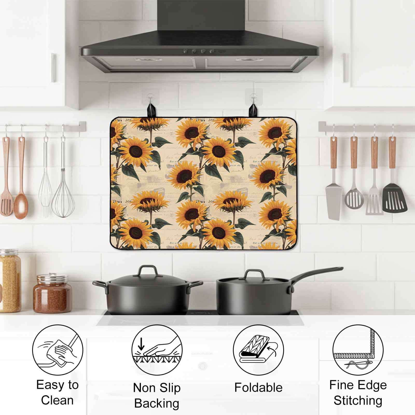 Vintage Sunflower Stove Top Cover for Electric Stove, Heat-proof & Non Slip Glass Top Stove Cover Protector, Watercolor Summer Botanical Kitchen Flat Cooktop Rubber Mat 24x21 Inches