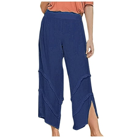 

Womens Wide Leg Pants Casual Smocked High Waisted Split Hem Yoga Pants Comfy Palazzo Trousers Pajamas with Pockets