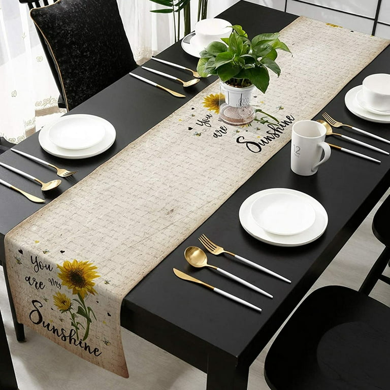 Summer Bee Gnome Sunflower Table Runner - 13x72 Inch, Black White Check Plaid, Linen Fabric