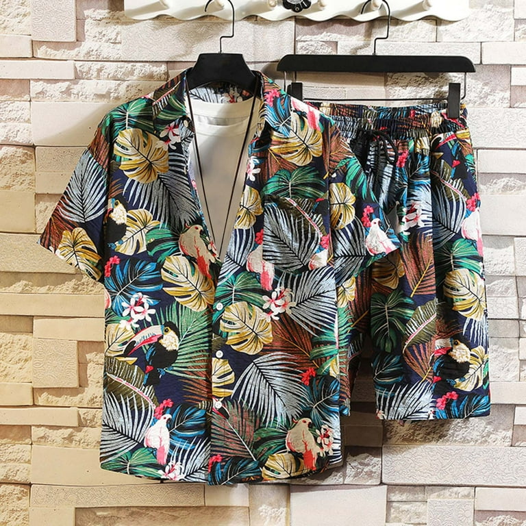 fartey Hawaiian Matching Sets for Men Casual Leaf Print Button Down Shirts Shorts Beach 2 Piece Outfits Baggy Comfy Summer Beach Party Holiday Beachwear Sets Walmart