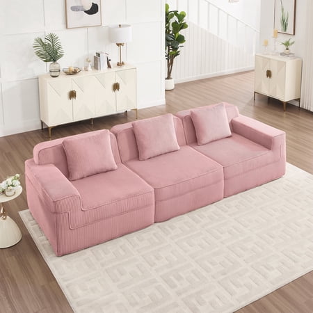 FFZ 3 Seat Modular Boneless Sofa with Deep Seat and Throw Pillows, Corduroy Fabric, Pink