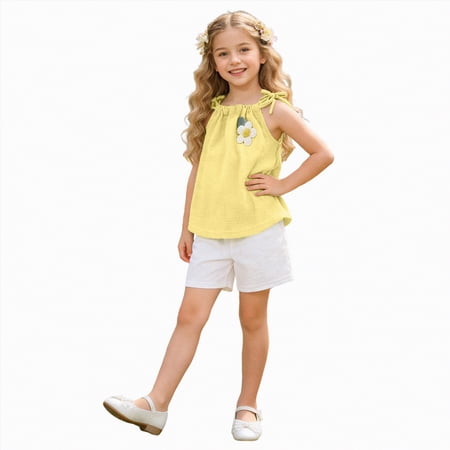 CAICJ98 Girls Casual Cotton Linen 2-Piece Short Set Bow Strap Halter Top and Shorts Breathable Summer Outfit Toddler Baby Kids (Yellow 18-24 Months)
