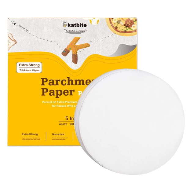 Katbite 200 piezas redondas de papel pergamino de 5 pulgadas extra fuertes, resistentes y antiadherentes para separar hamburguesas, congelar, molde desmontable, lata para pasteles, tostadora, horno, p
