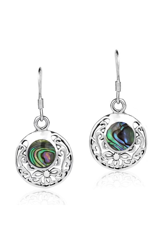 Swirl Circle Filigree Abalone Shell Inlay .925 Sterling Silver Dangle Earings