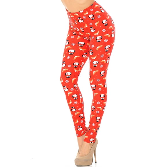 Buttery Soft Ruby Red Penguins Mistletoe and Snowflake Extra Plus Size Leggings - 3X-5X (Red,XPlus One Size)