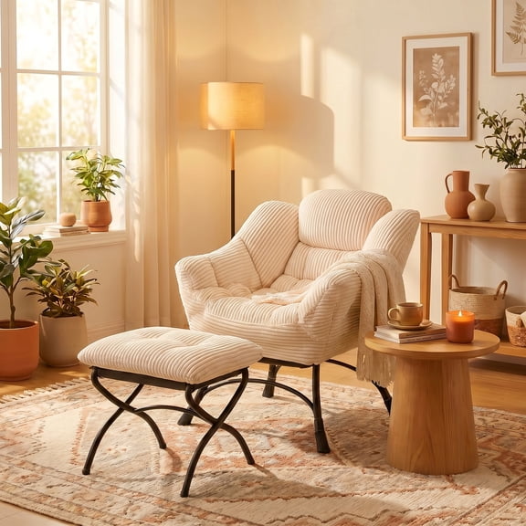 Bananova Lounge Chair with Ottoman, Accent Armchair with Footrest, Upholstered Reading Chair with Padded Cushion and Metal Frame, Beige