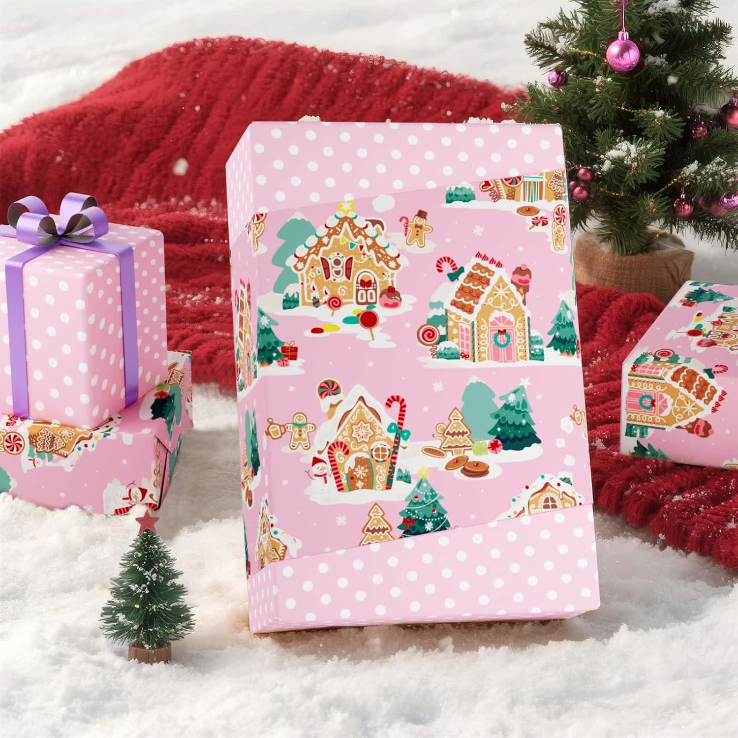 Christmas Wrapping Paper - 1 Roll 17”x 33 ft Gingerbread House Wrapping Paper Roll Reversible Christmas Tree Gift Wraps for Kids Girls Xmas Winter Holiday Party Pink Polka Dot Design